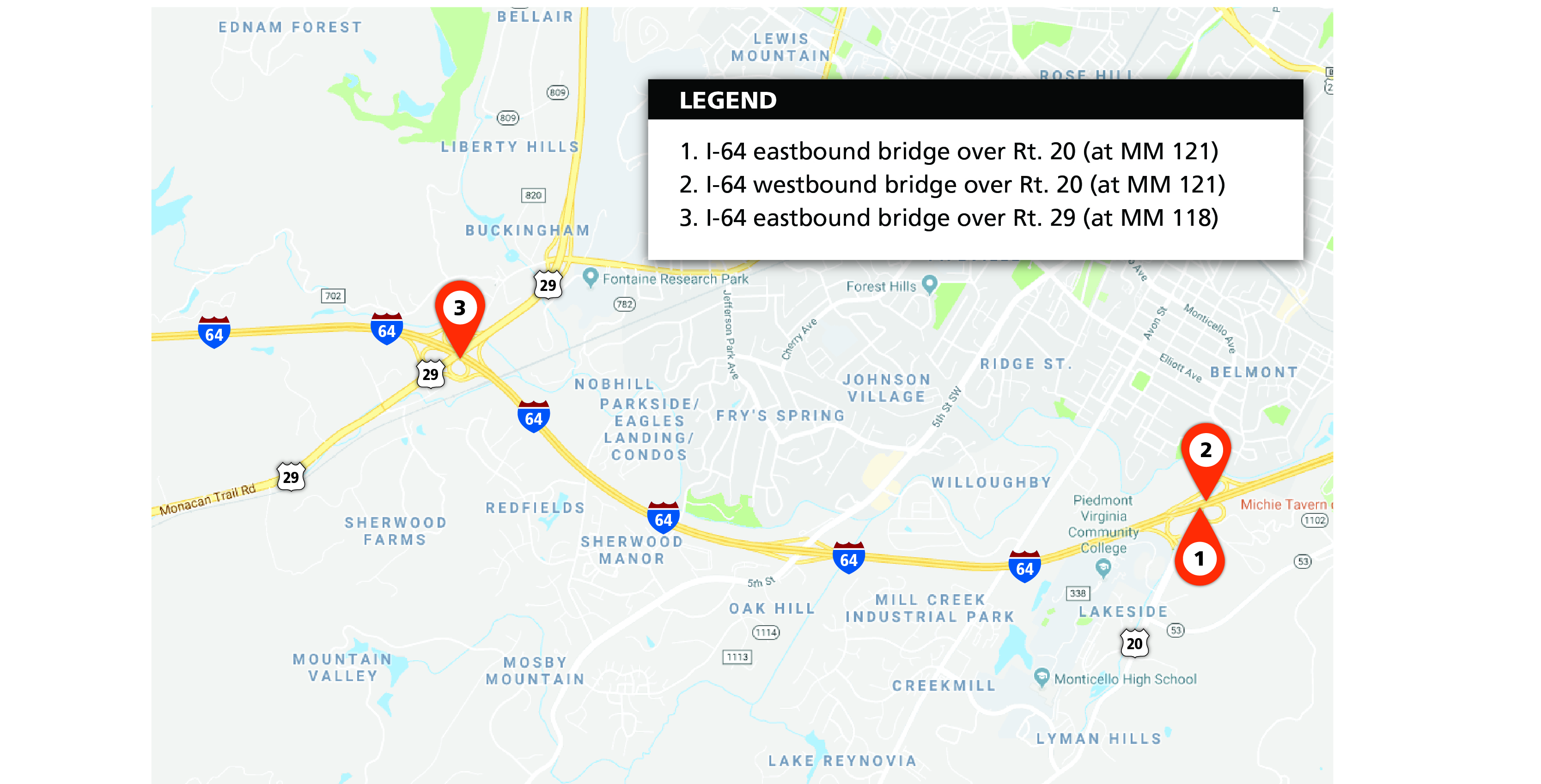 Map of the bridges over Route 20 and eastbound over Route 29