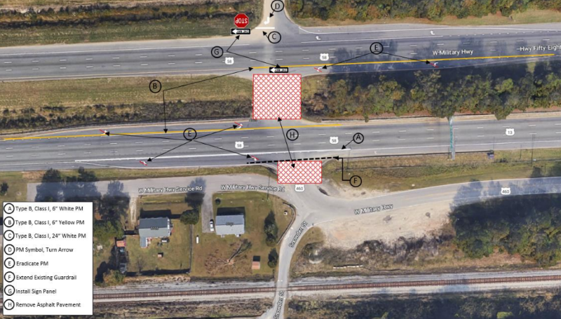 An aerial image showing proposed safety improvements at Route 58 and Snowden Street, to include permanently closing the existing median on Route 58 and south access at West Military Highway in the vicinity of  Snowden Street.