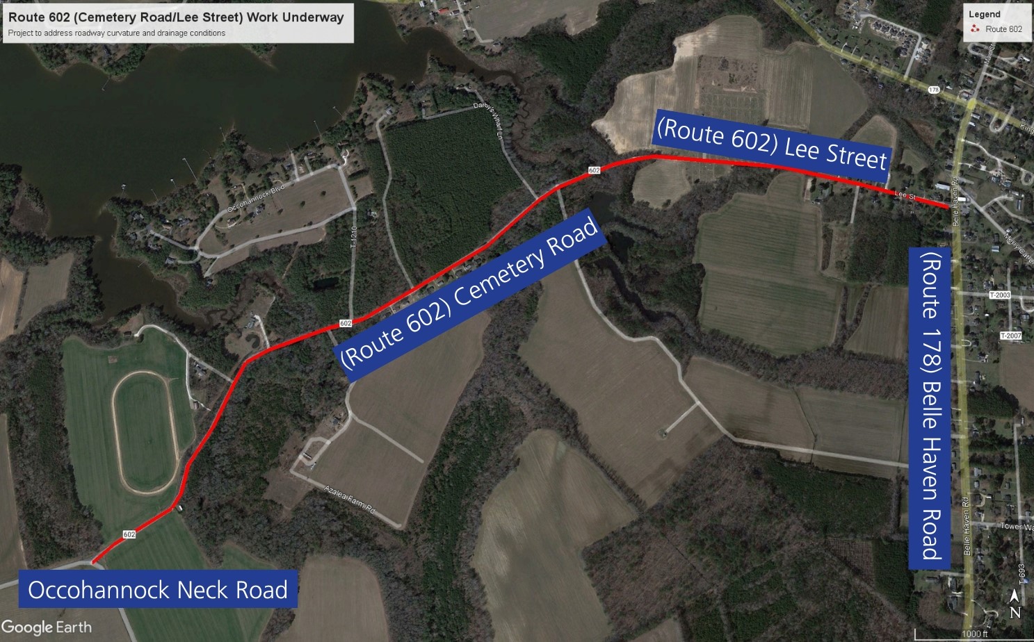 map showing area of construction on Route 602 on Eastern Shore