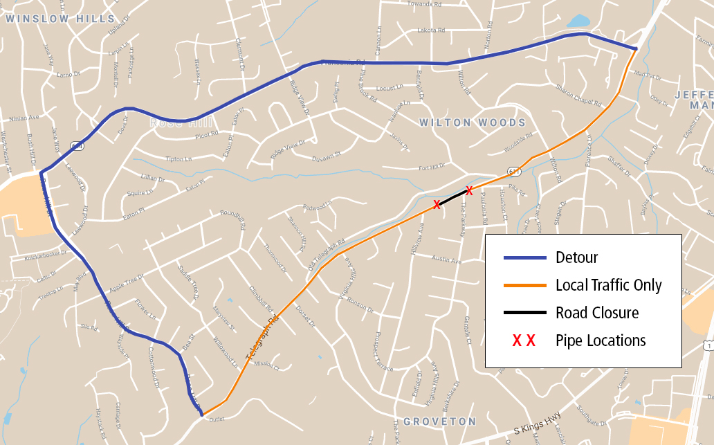 Map of detour from Telegraph Road to Rose Hill Drive to Franconia Road and back to Telegraph Road.