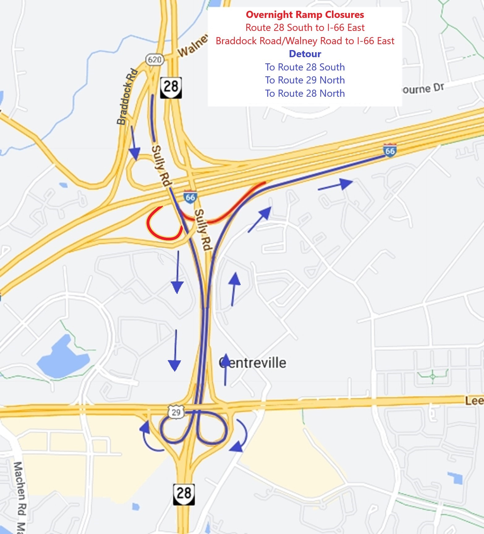 Detour map for ramp closure